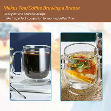 Glass Coffee & Tea Cup Mug with Wooden Lid, Double Wall Borosilicate Glass Latte Espresso Mug with Insulated Handle, Dishwasher Safe, 250ml/8.5oz