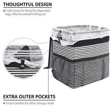 ELONGRIVER Car Trash Can, 2 Gallons, Black, Square, Portable, 100% Leak Proof, Large Opening, 3 Outer Pockets