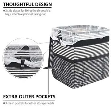 ELONGRIVER Car Trash Can, 2 Gallons, Black, Square, Portable, 100% Leak Proof, Large Opening, 3 Outer Pockets