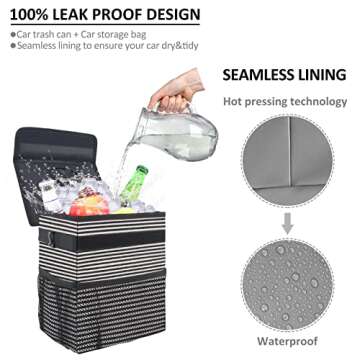 ELONGRIVER Car Trash Can, 2 Gallons, Black, Square, Portable, 100% Leak Proof, Large Opening, 3 Outer Pockets