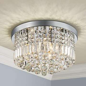 Saint Mossi 9 Light Modern K9 Crystal Chandelier, Flush Mount LED Ceiling, Light Fixture Pendant Lamp for Diningroom Bathroom Bedroom Livingroom, E12 LED Bulbs Required, Height 11 x Width 20