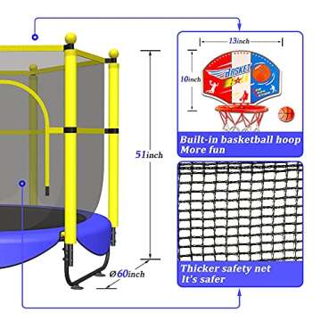 60" Trampoline for Kids, 5 FT Toddler Baby Trampoline with Safety Enclosure Net, Indoor or Outdoor Blue Small Trampolines with Basketball Hoop, Birthday Gifts for Kids, Gifts for Boy Age 3-8