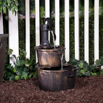 Alpine Corporation Outdoor Rustic 2-Tiered Barrel and Pump Water Fountain – 27" Height, Bronze Fin...
