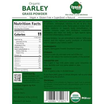 USDA Organic Barley Grass Powder 4 oz (113 Grams), Raw, Vegan, Green Super Food, Rich in Plant Prote...