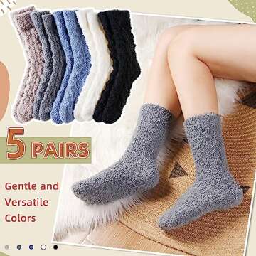 Velice Womens Fuzzy Socks Soft Cozy Fluffy Slipper Socks Winter Warm Plush Sleeping Christmas Socks 5 Pairs(Black/Grey/Blue)