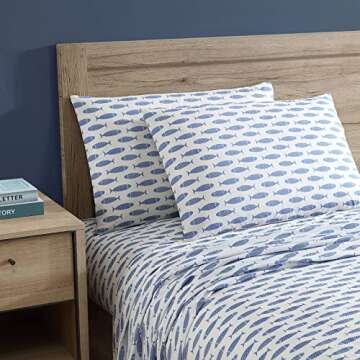 Nautica - Queen Sheets, Cotton Percale Bedding Set, Crisp & Cool, Coastal Bedding Set (Woodblock Fish Blue, Queen)