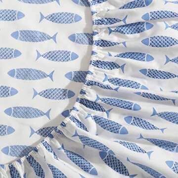 Nautica - Queen Sheets, Cotton Percale Bedding Set, Crisp & Cool, Coastal Bedding Set (Woodblock Fish Blue, Queen)