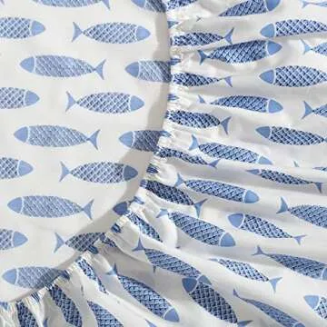 Nautica - Queen Sheets, Cotton Percale Bedding Set, Crisp & Cool, Coastal Bedding Set (Woodblock Fish Blue, Queen)