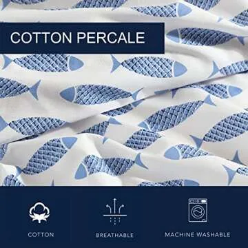 Nautica - Queen Sheets, Cotton Percale Bedding Set, Crisp & Cool, Coastal Bedding Set (Woodblock Fish Blue, Queen)