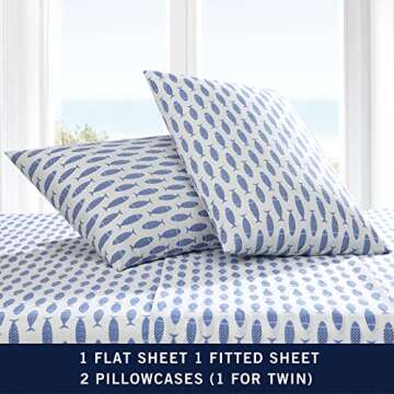 Nautica - Queen Sheets, Cotton Percale Bedding Set, Crisp & Cool, Coastal Bedding Set (Woodblock Fish Blue, Queen)