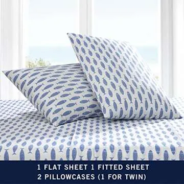 Nautica - Queen Sheets, Cotton Percale Bedding Set, Crisp & Cool, Coastal Bedding Set (Woodblock Fish Blue, Queen)