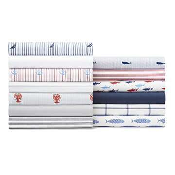 Nautica - Queen Sheets, Cotton Percale Bedding Set, Crisp & Cool, Coastal Bedding Set (Woodblock Fish Blue, Queen)
