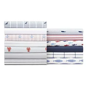 Nautica - Queen Sheets, Cotton Percale Bedding Set, Crisp & Cool, Coastal Bedding Set (Woodblock Fish Blue, Queen)