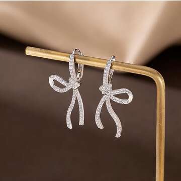 SLUYNZ Sterling Silver CZ Bow Hoop Earrings for Women Teen Girls Rhinestone Bow Ribbon Earrings Huggie Drop for Christmas (A-Silver)