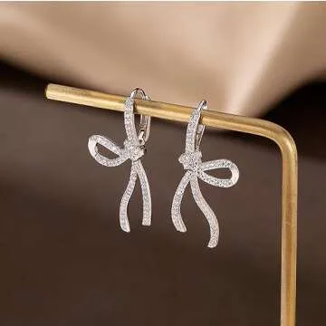 SLUYNZ Sterling Silver CZ Bow Hoop Earrings for Women Teen Girls Rhinestone Bow Ribbon Earrings Huggie Drop for Christmas (A-Silver)