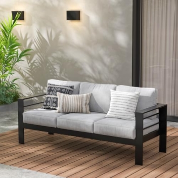 Wisteria Lane Patio Furniture Aluminum Sofa, Modern All-Weather Outdoor Couch, Black with Grey Cushi...