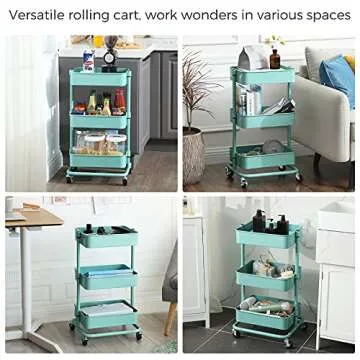 SONGMICS 3-Tier Metal Rolling Cart, Utility Cart, Kitchen Cart with Adjustable Shelves, Storage Trolley with 2 Brakes, Easy Assembly, for Kitchen, Office, Bathroom, Mint Green UBSC60M
