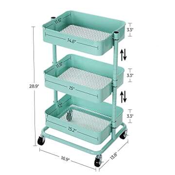 SONGMICS 3-Tier Metal Rolling Cart, Utility Cart, Kitchen Cart with Adjustable Shelves, Storage Trolley with 2 Brakes, Easy Assembly, for Kitchen, Office, Bathroom, Mint Green UBSC60M