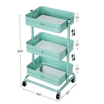 SONGMICS 3-Tier Metal Rolling Cart, Utility Cart, Kitchen Cart with Adjustable Shelves, Storage Trolley with 2 Brakes, Easy Assembly, for Kitchen, Office, Bathroom, Mint Green UBSC60M