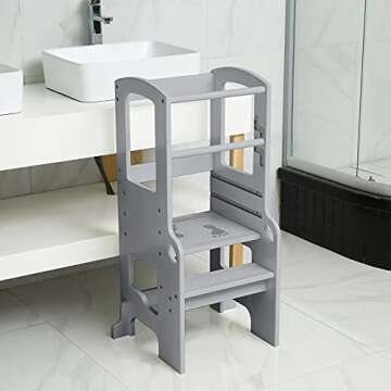 UNICOO® Height Adjustable Bamboo Step Stool for Toddlers | Toddler Step Ladder Step Stool for Toddlers | Kitchen Step Stool | Safe and Sturdy Standing Tower for Kids (Kids Stool Grey - M3)