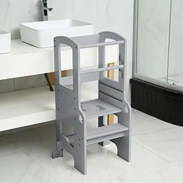 UNICOO® Height Adjustable Bamboo Step Stool for Toddlers | Toddler Step Ladder Step Stool for Toddlers | Kitchen Step Stool | Safe and Sturdy Standing Tower for Kids (Kids Stool Grey - M3)