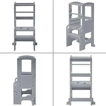 UNICOO® Height Adjustable Bamboo Step Stool for Toddlers | Toddler Step Ladder Step Stool for Toddlers | Kitchen Step Stool | Safe and Sturdy Standing Tower for Kids (Kids Stool Grey - M3)