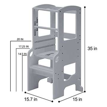 UNICOO® Height Adjustable Bamboo Step Stool for Toddlers | Toddler Step Ladder Step Stool for Toddlers | Kitchen Step Stool | Safe and Sturdy Standing Tower for Kids (Kids Stool Grey - M3)