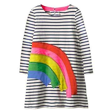 HILEELANG Toddler Girl Dress Cotton Long Sleeve Autumn Winter White Rainbow Stripe Casual Basic Shir...