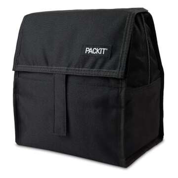 PackIt Freezable Lunch Bag, Black, Built with EcoFreeze Technology, Foldable, Reusable, Zip and Fold Closure with Buckle Handle, Perfect for School and Office Lunches