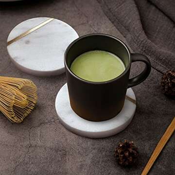 Marble Coasters for Drinks, Gold Coasters Set of 6 with Gold Holder, 4" Wide Modern Round Table Coas...