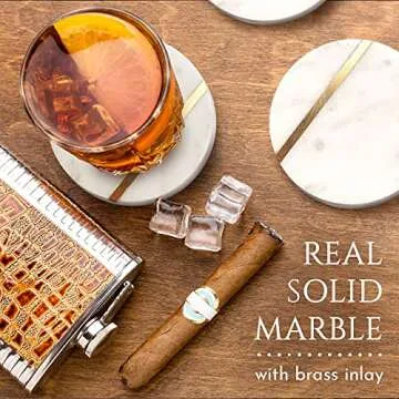Marble Coasters for Drinks, Gold Coasters Set of 6 with Gold Holder, 4" Wide Modern Round Table Coasters with Gold Brass Inlay, Gold Coasters Made from Real Solid Marble, Porta Vasos