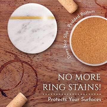 Marble Coasters for Drinks, Gold Coasters Set of 6 with Gold Holder, 4" Wide Modern Round Table Coasters with Gold Brass Inlay, Gold Coasters Made from Real Solid Marble, Porta Vasos