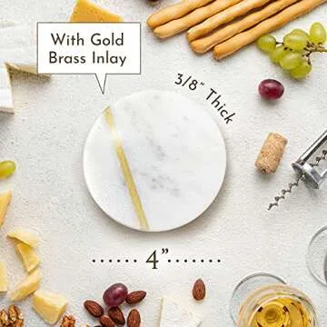 Marble Coasters for Drinks, Gold Coasters Set of 6 with Gold Holder, 4" Wide Modern Round Table Coasters with Gold Brass Inlay, Gold Coasters Made from Real Solid Marble, Porta Vasos