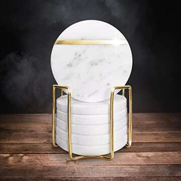 Marble Coasters for Drinks, Gold Coasters Set of 6 with Gold Holder, 4" Wide Modern Round Table Coasters with Gold Brass Inlay, Gold Coasters Made from Real Solid Marble, Porta Vasos