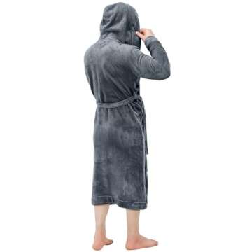 NY Threads Mens Hooded Fleece Bathrobe Plush Long Spa Robe, Large-X-Large, Grey