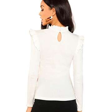 ROMWE Women's Stand Collar Slim Fit Frilled Ruffles Shoulder Solid Keyhole Blouse Top White M