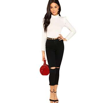 ROMWE Women's Stand Collar Slim Fit Frilled Ruffles Shoulder Solid Keyhole Blouse Top White M