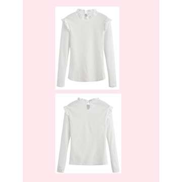 ROMWE Women's Stand Collar Slim Fit Frilled Ruffles Shoulder Solid Keyhole Blouse Top White M