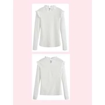 ROMWE Women's Stand Collar Slim Fit Frilled Ruffles Shoulder Solid Keyhole Blouse Top White M