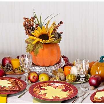 Gift Boutique Thanksgiving Paper Plates & Napkins Set for 50 Guests includes 50 10" Dinner Plates 50 7" Dessert Plates 50 Luncheon Napkins for Fall Leaf Autumn Red Orange Table Party Supplies Décor
