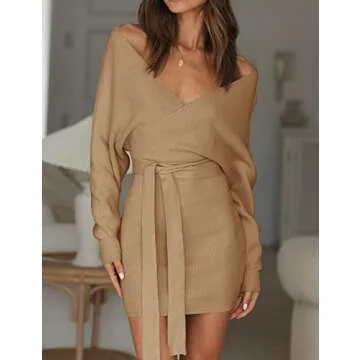 ZESICA Women's Fall Long Batwing Sleeve Wrap V Neck Knitted Backless Bodycon Pullover Sweater Dress with Belt,Camel,Small