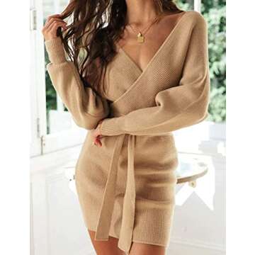 ZESICA Women's Fall Long Batwing Sleeve Wrap V Neck Knitted Backless Bodycon Pullover Sweater Dress with Belt,Camel,Small