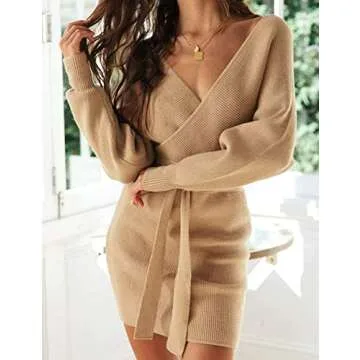 ZESICA Women's Fall Long Batwing Sleeve Wrap V Neck Knitted Backless Bodycon Pullover Sweater Dress with Belt,Camel,Small