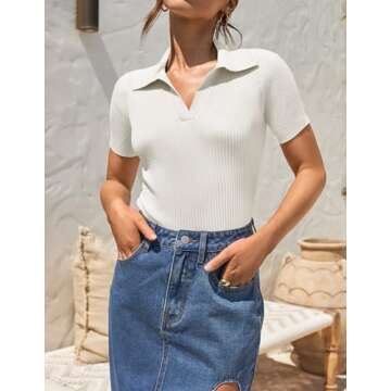 ZESICA Women's Short Sleeve V Neck T Shirts 2024 Summer Ribbed Knit Slim Fitted Basic Solid Color Tee Tops,White,Medium