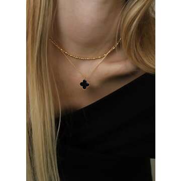OZEL Layered Necklaces for Women 14K Gold Plated Dainty Gold Necklace Black Onyx Clover Pendant Jewe...