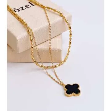 OZEL Layered Necklaces with Black Onyx Clover Pendant