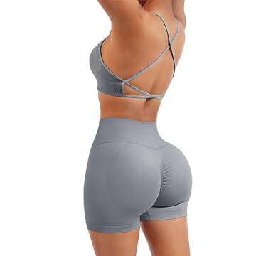 SUUKSESS Women V Cross Seamless Workout Sets Strappy Padded Sports Bra High Waist Booty Shorts (Grey Blue,M)