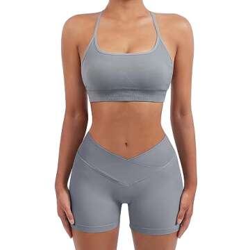 SUUKSESS Women V Cross Seamless Workout Sets Strappy Padded Sports Bra High Waist Booty Shorts (Grey Blue,M)