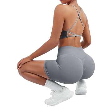 SUUKSESS Women V Cross Seamless Workout Sets Strappy Padded Sports Bra High Waist Booty Shorts (Grey Blue,M)