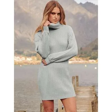 ANRABESS Women Oversized Sweater Dress Turtleneck Batwing Long Sleeve Ribbed Knit Loose 2024 Fall Winter Casual Short Dress A240hui-M Grey